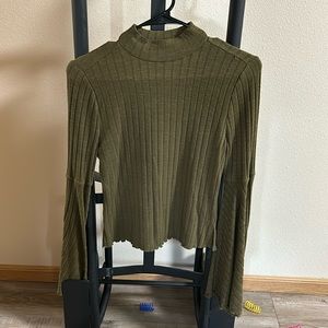 Olive green high neck top with flare sleeves M